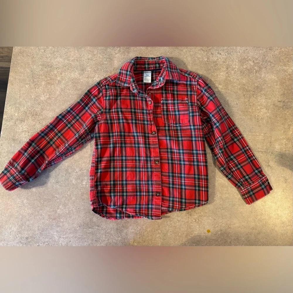 Festive Red & Black Toddler Plaid Button Down Shirt, Size 5 Boys